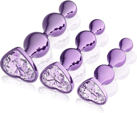 Purple Alloy Anal Beads Set - Jeweled Heart Base